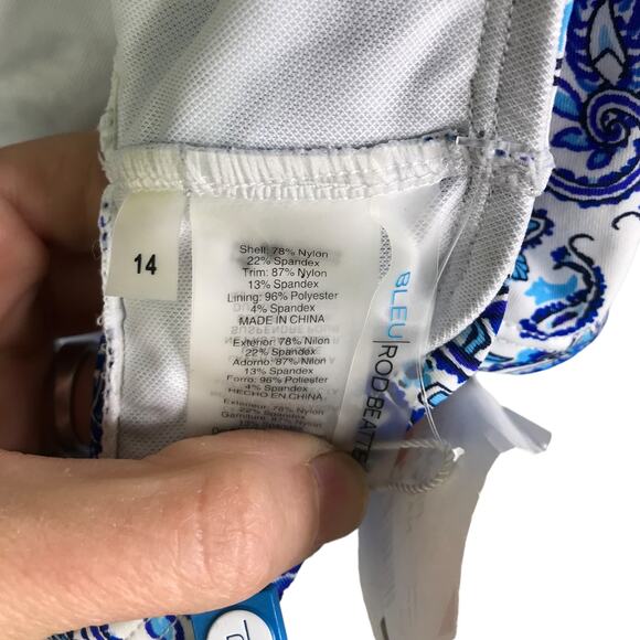 Bleu Rod Beattie Ruched Hipster Bikini Bottoms Womens 14 Blue White Paisley NWT - Picture 2 of 7